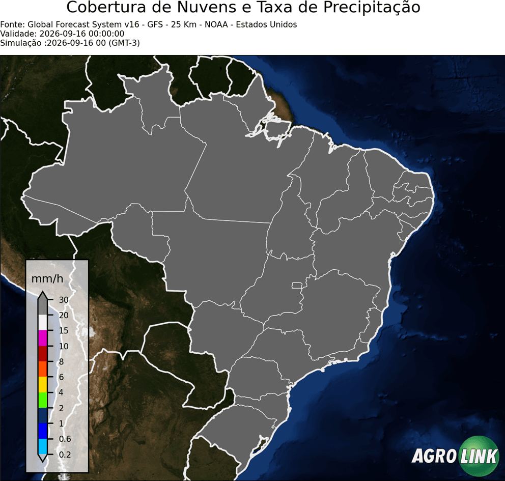 Mapa de nuvens e chuva: Cobertura de Nuvens e Taxa de Precipitação — GFS (Americano), Agora, rodada de 16/09/2026