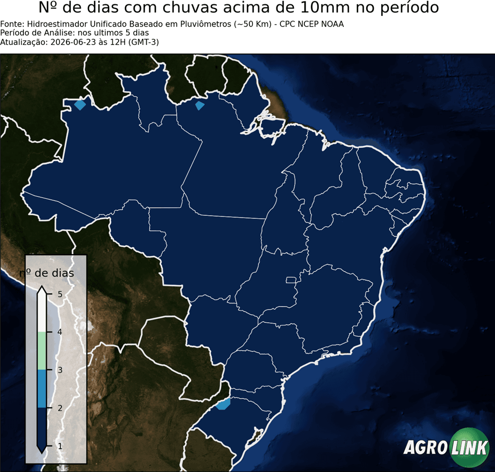 Mapa de chuva: Numero de dias com chuva de 10 mm — CPC, 5 dias, rodada de 16/09/2026