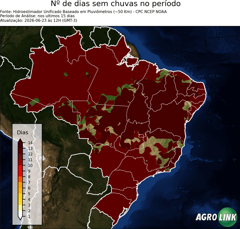 Mapa de chuva: Número de dias sem chuva — Merge, 15 dias, rodada de 16/09/2026
