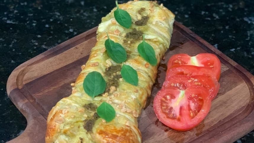 Aprenda a fazer "trançadinho folhado de tomate ao pesto"
