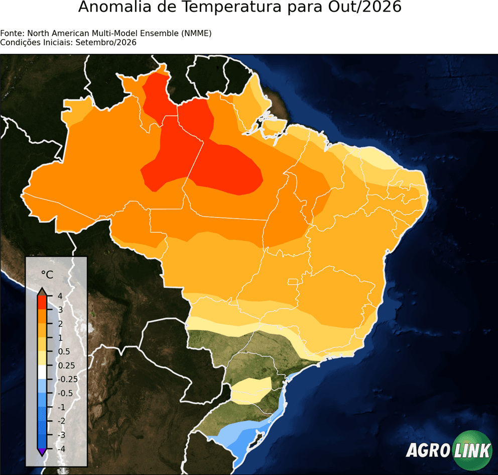 Mapa de temperatura: Previsão para Anomalia de Temperatura Mensal — NMME (modelo estatístico), Mensal, rodada de 16/09/2026