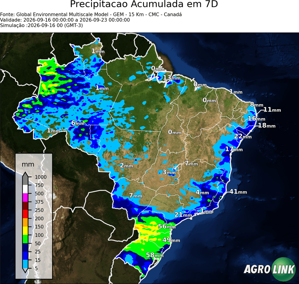 Mapa de chuva: Previsão Chuva Acumulada em 7 dias — ICON (Alemão), 7 dias, rodada de 16/09/2026