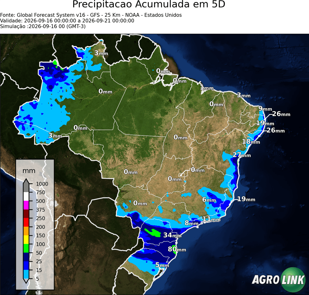 Mapa de chuva: Previsão Chuva Acumulada em 5 dias — GFS (Americano), 5 dias, rodada de 16/09/2026