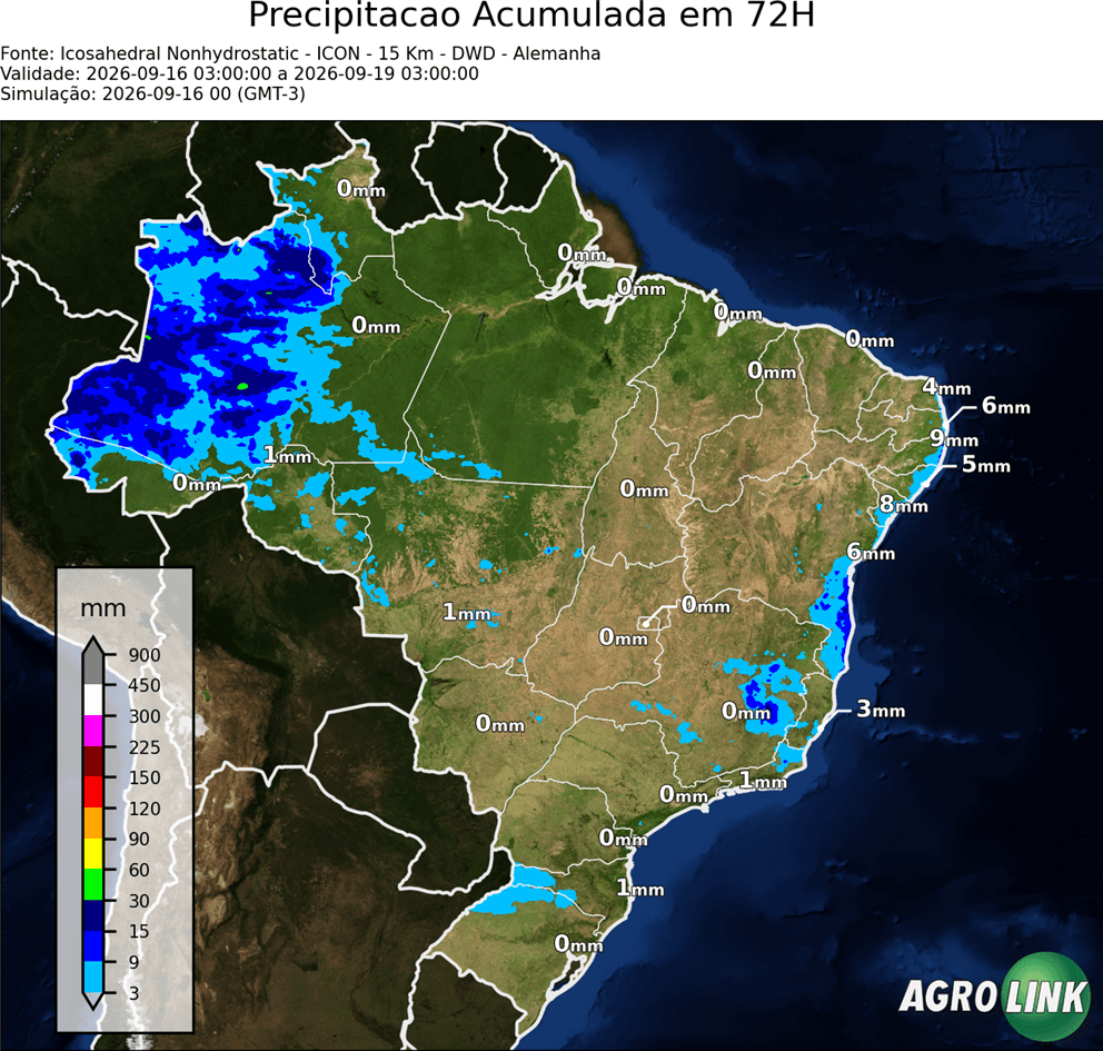 Mapa de chuva: Previsão Chuva Acumulada em 72 horas — ICON (Alemão), 72 horas, rodada de 16/09/2026