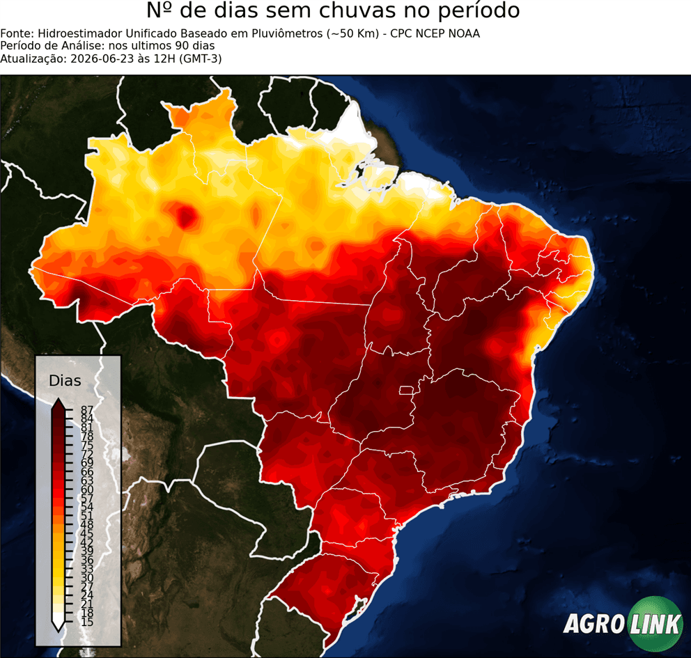 Mapa de chuva: Número de dias sem chuva — CPC, 90 dias, rodada de 16/09/2026