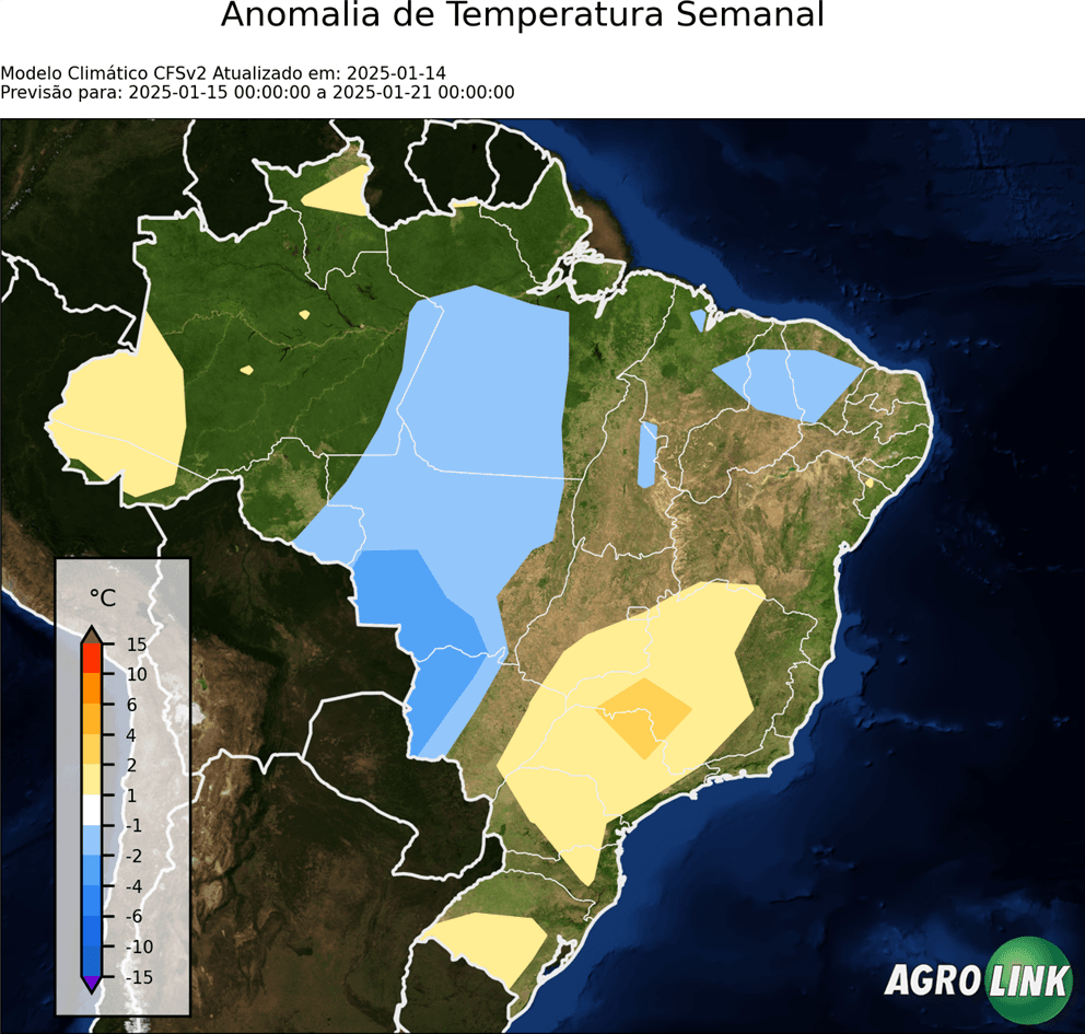 Mapa de temperatura: Previsão para Anomalia de Temperatura Semanal — CFSv2, 7 dias, rodada de 16/09/2026