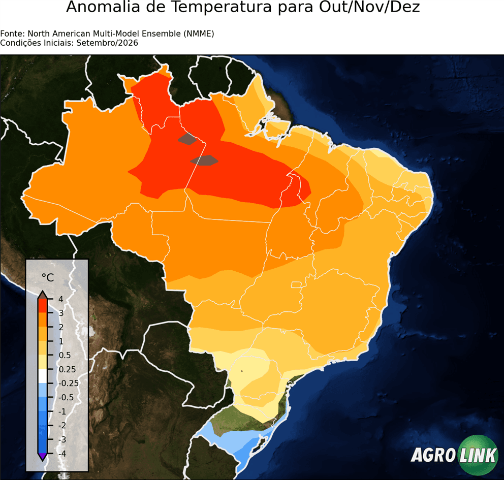 Mapa de temperatura: Previsão para Anomalia de Temperatura Trimestral — NMME (modelo estatístico), Trimestral, rodada de 16/09/2026