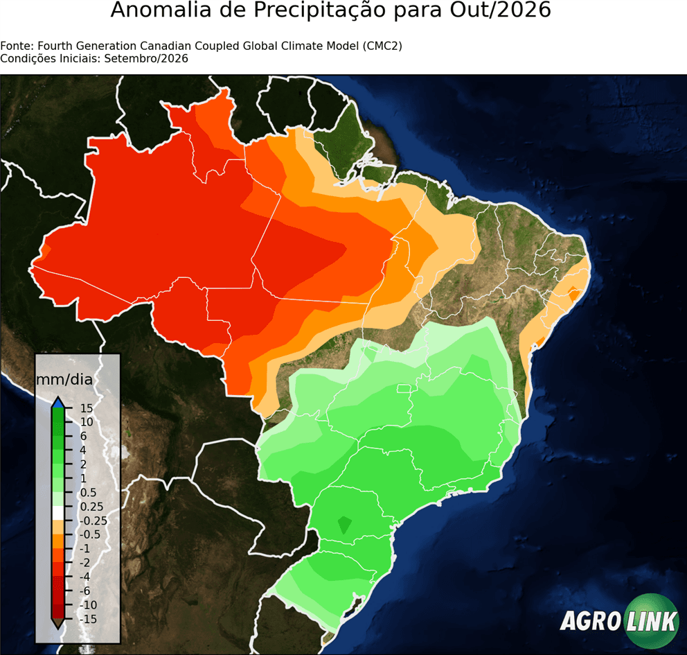 Mapa de chuva: Previsão para Anomalia de Precipitação Mensal — CMC2, Mensal, rodada de 16/09/2026