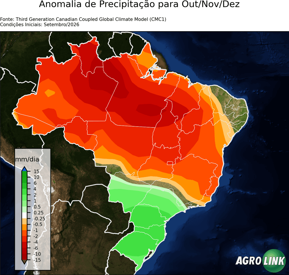 Mapa de chuva: Previsão para Anomalia de Precipitação Trimestral — CMC1, Trimestral, rodada de 16/09/2026