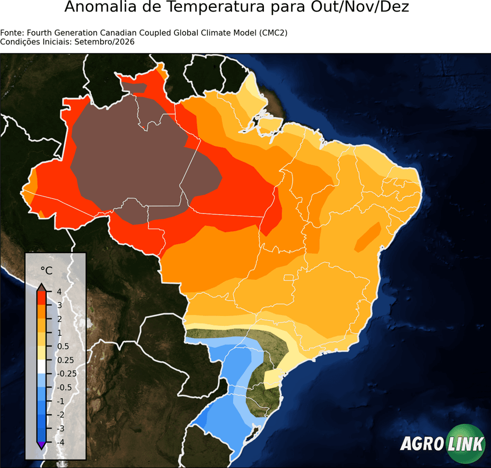 Mapa de temperatura: Previsão para Anomalia de Temperatura Trimestral — CMC2, Trimestral, rodada de 16/09/2026