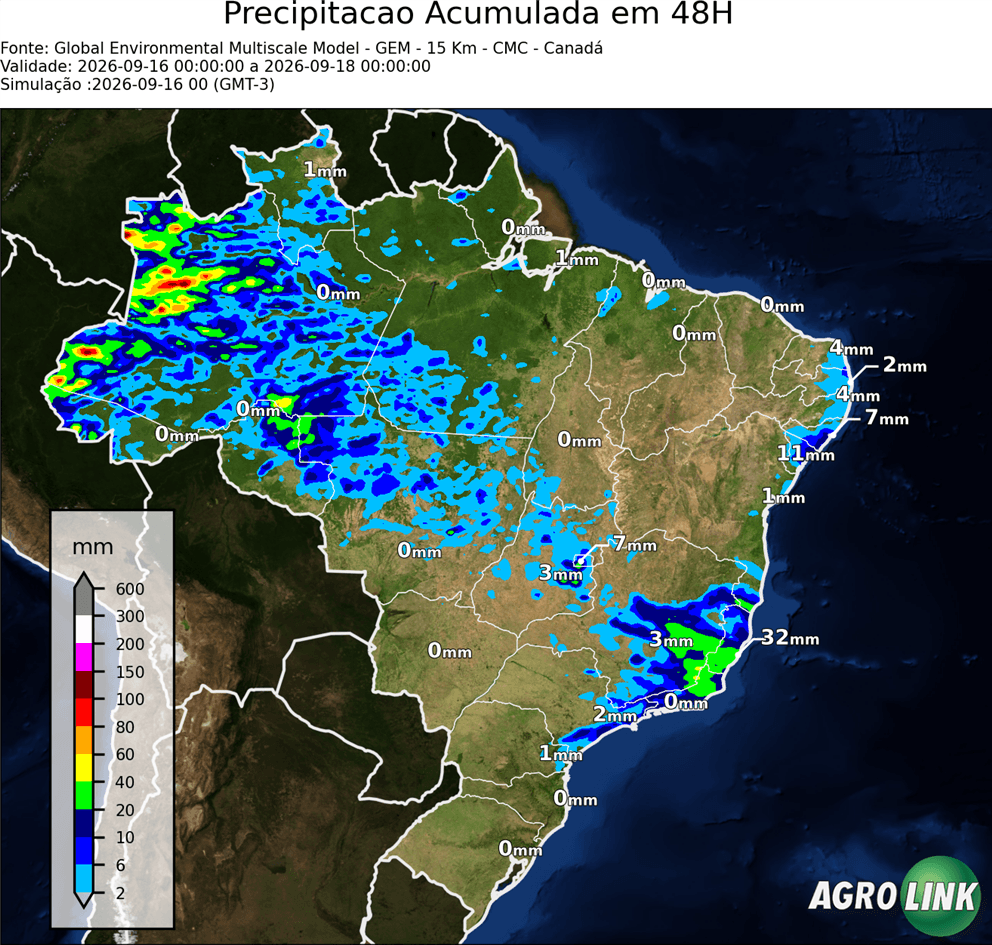 Mapa de chuva: Previsão Chuva Acumulada em 48 horas — GEM (Canadense), 48 horas, rodada de 16/09/2026
