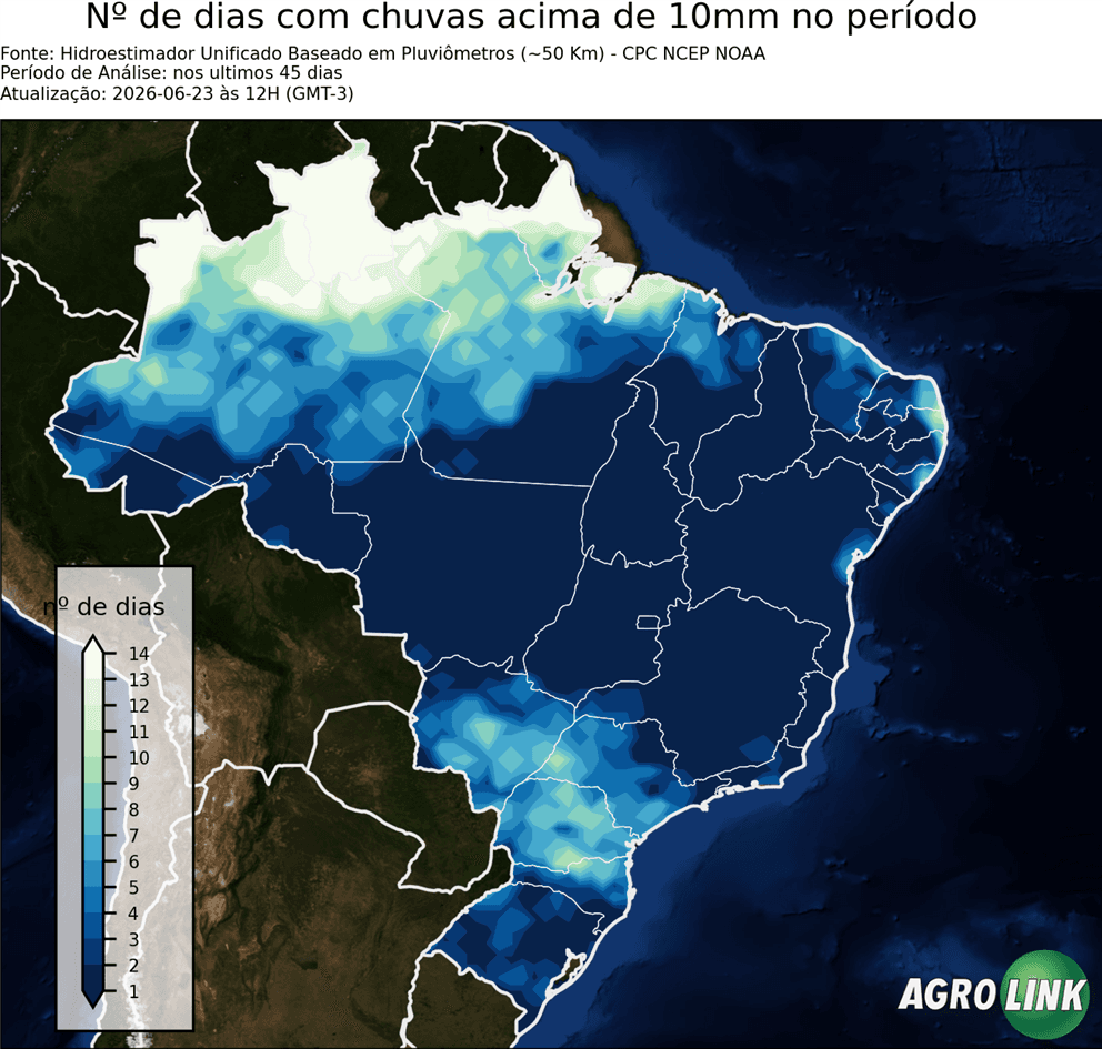 Mapa de chuva: Número de dias com chuva de 10 mm — CPC, 45 dias, rodada de 16/09/2026
