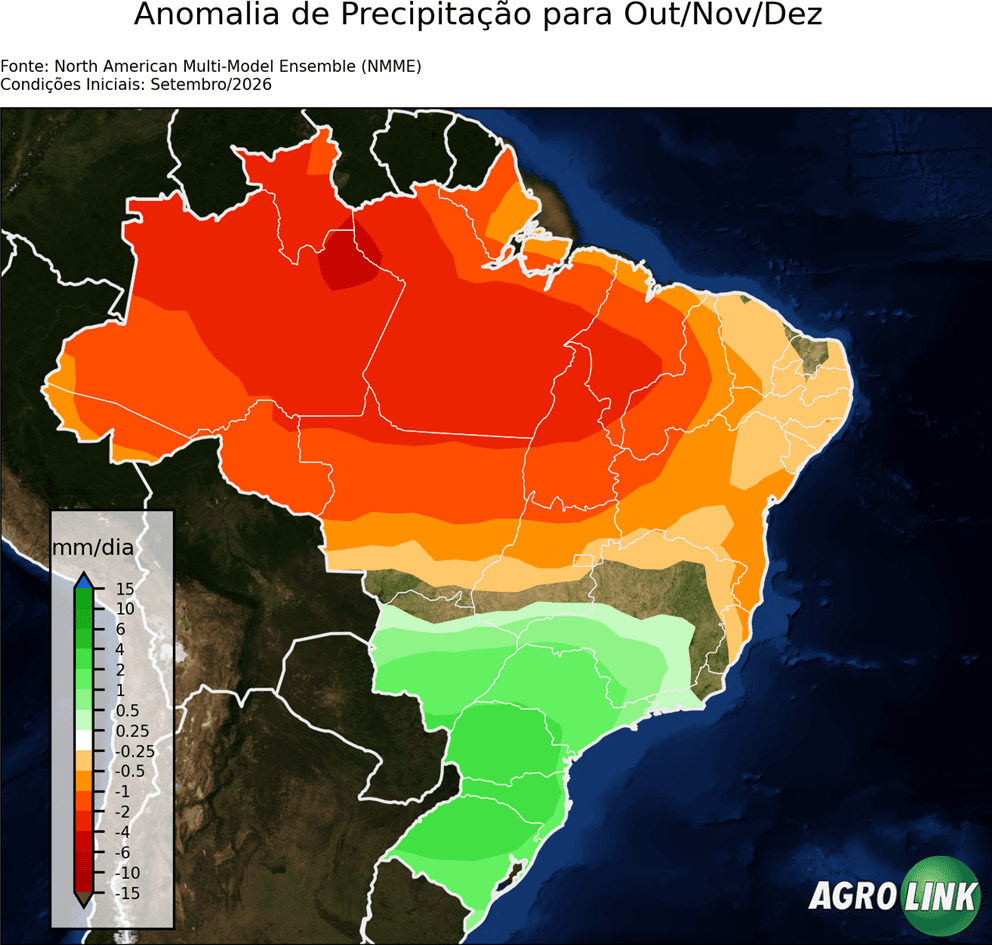 Mapa de chuva: Previsão para Anomalia de Precipitação Trimestral — NMME (modelo estatístico), Trimestral, rodada de 16/09/2026
