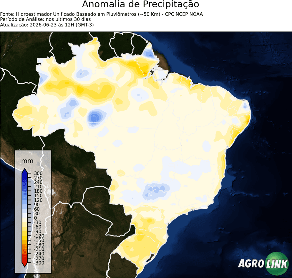 Mapa de chuva: Diferença do ocorrido da média — CPC, 30 dias, rodada de 16/09/2026