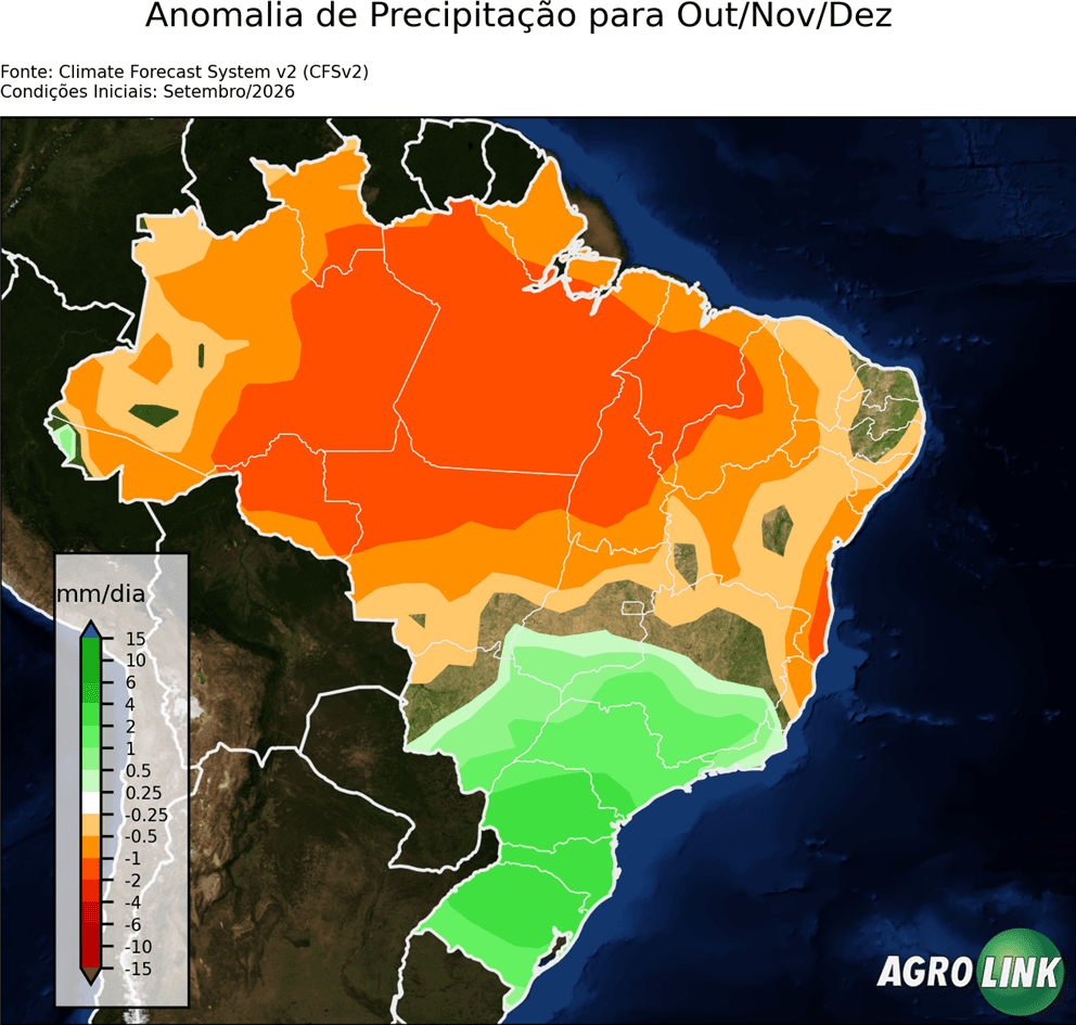 Mapa de chuva: Previsão para Anomalia de Precipitação Trimestral — CFSv2, Trimestral, rodada de 16/09/2026