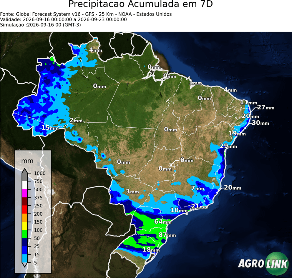 Mapa de chuva: Previsão Chuva Acumulada em 7 dias — GFS (Americano), 7 dias, rodada de 16/09/2026