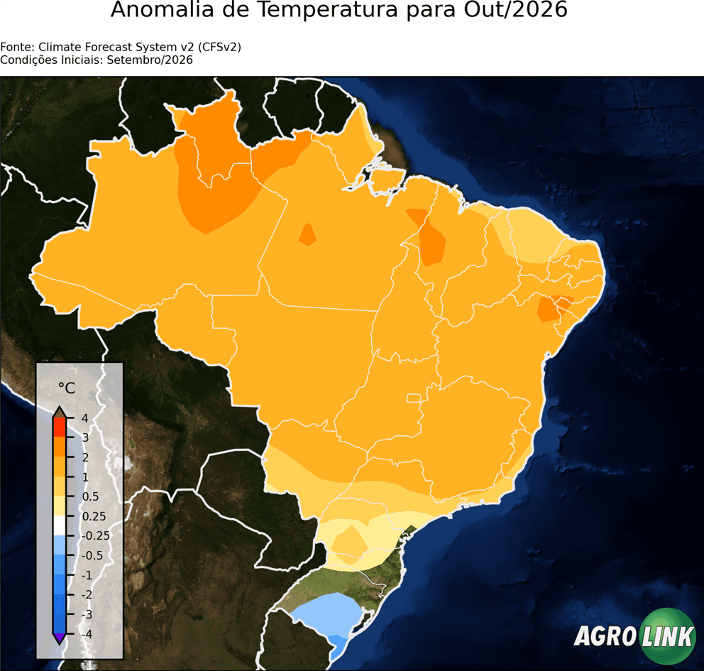 Mapa de temperatura: Previsão para Anomalia de Temperatura Mensal — CFSv2, Mensal, rodada de 16/09/2026