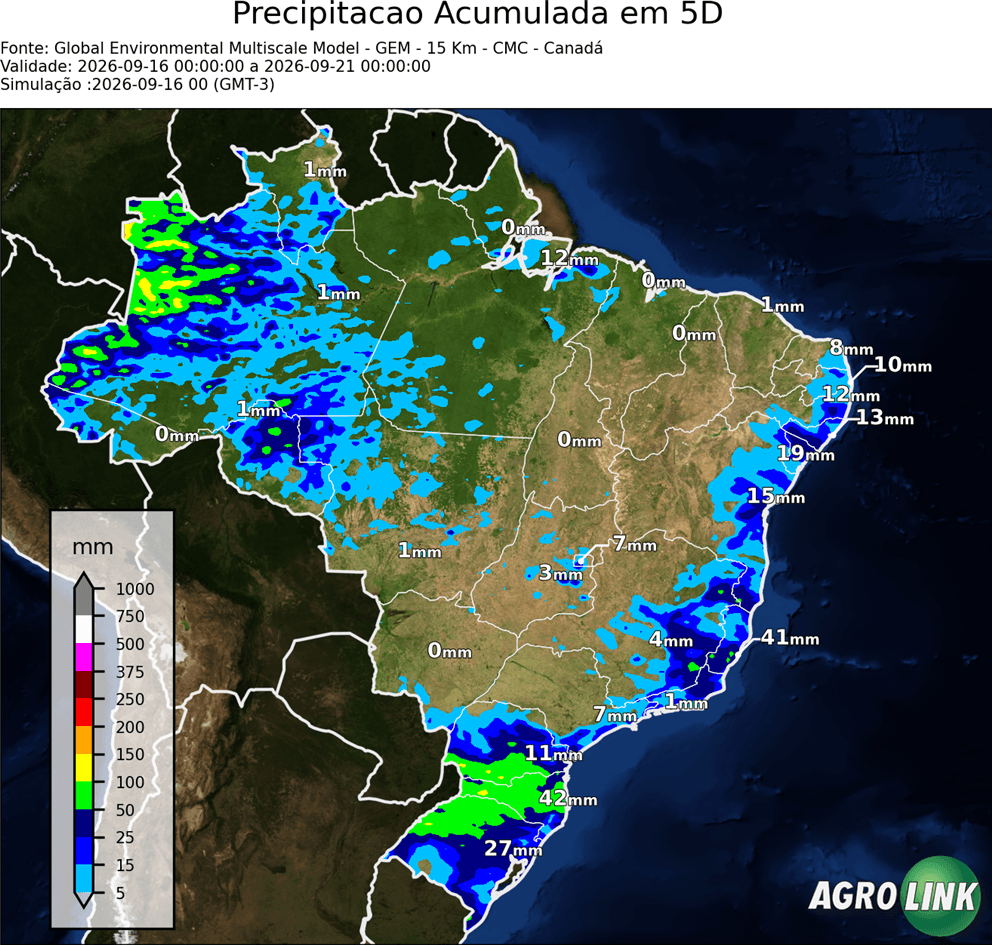 Mapa de chuva: Previsão Chuva Acumulada em 5 dias — GEM (Canadense), 5 dias, rodada de 16/09/2026