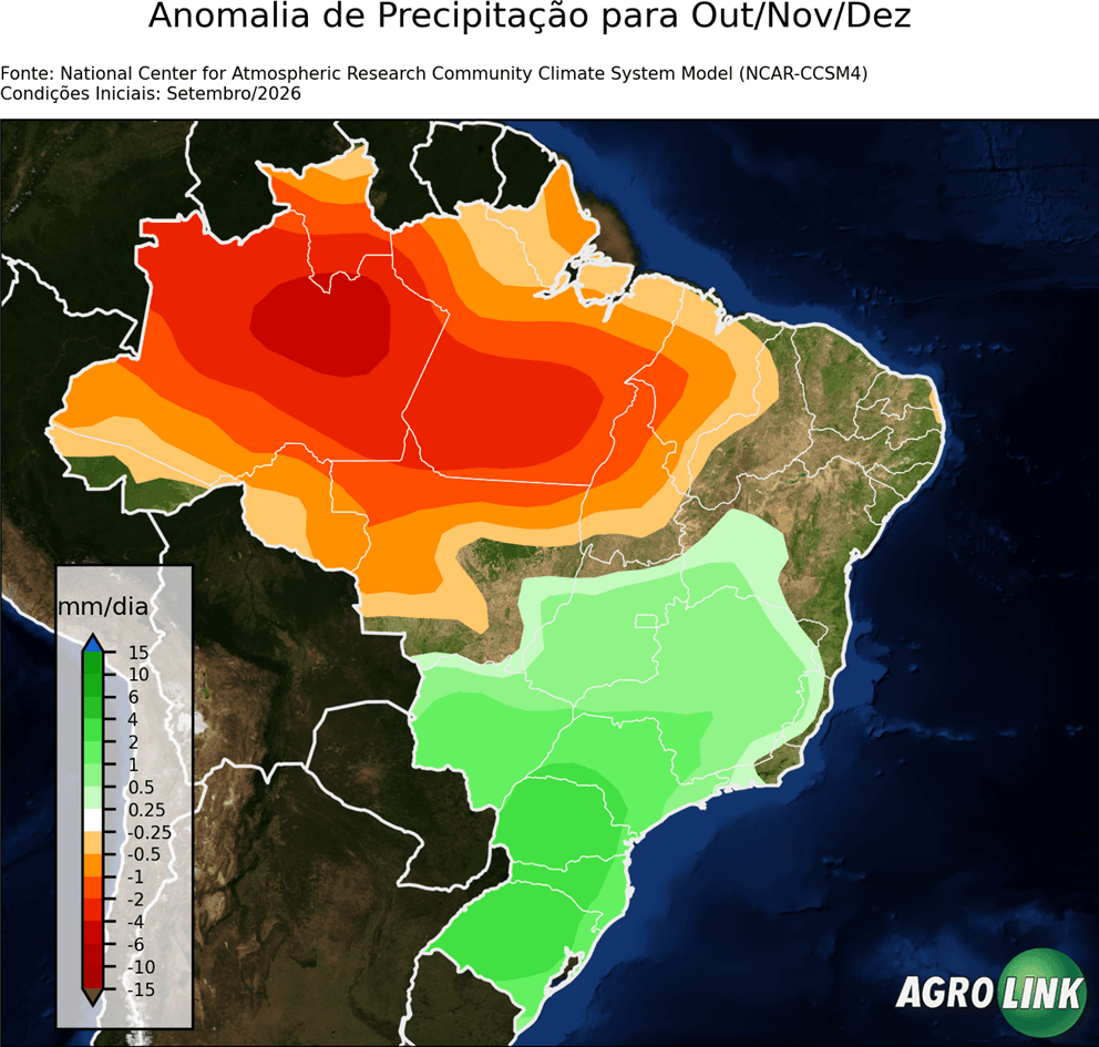Mapa de chuva: Previsão para Anomalia de Precipitação Trimestral — NCAR, Trimestral, rodada de 16/09/2026