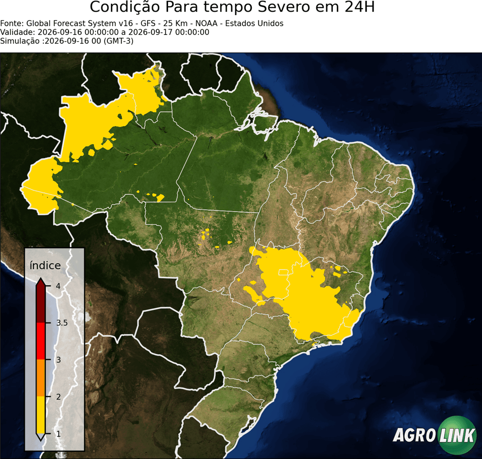 Mapa de tempestade: Previsão para formação de tempestades em 24 horas — GFS (Americano), 24 horas, rodada de 16/09/2026