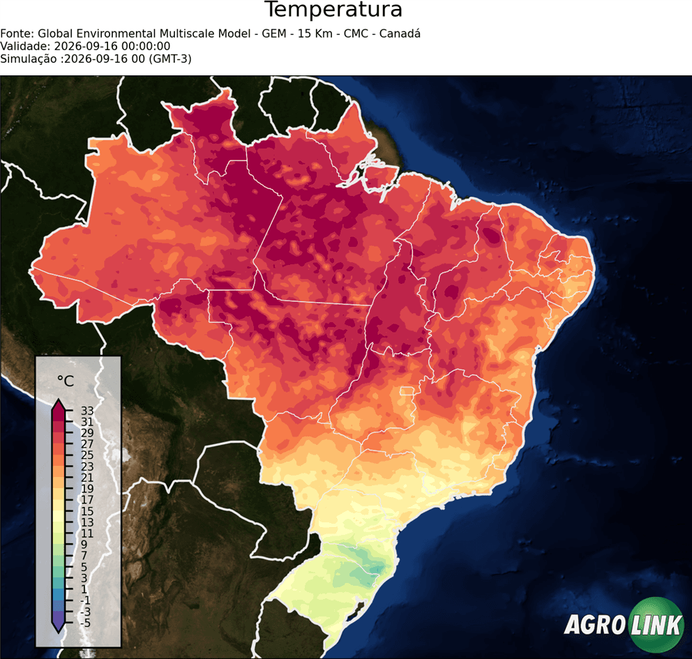 Mapa de temperatura: Previsão da Temperatura do ar no horário — GEM (Canadense), Agora, rodada de 16/09/2026