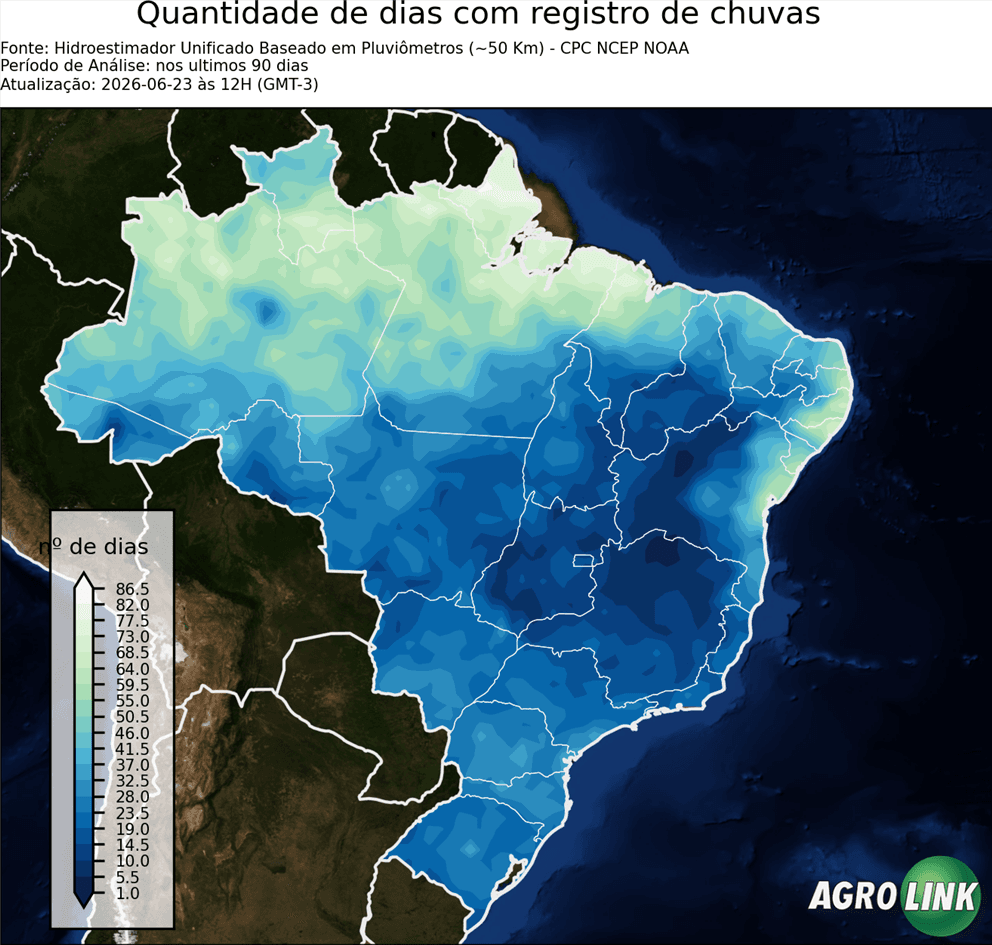 Mapa de chuva: Número de dias com chuva — CPC, 90 dias, rodada de 16/09/2026