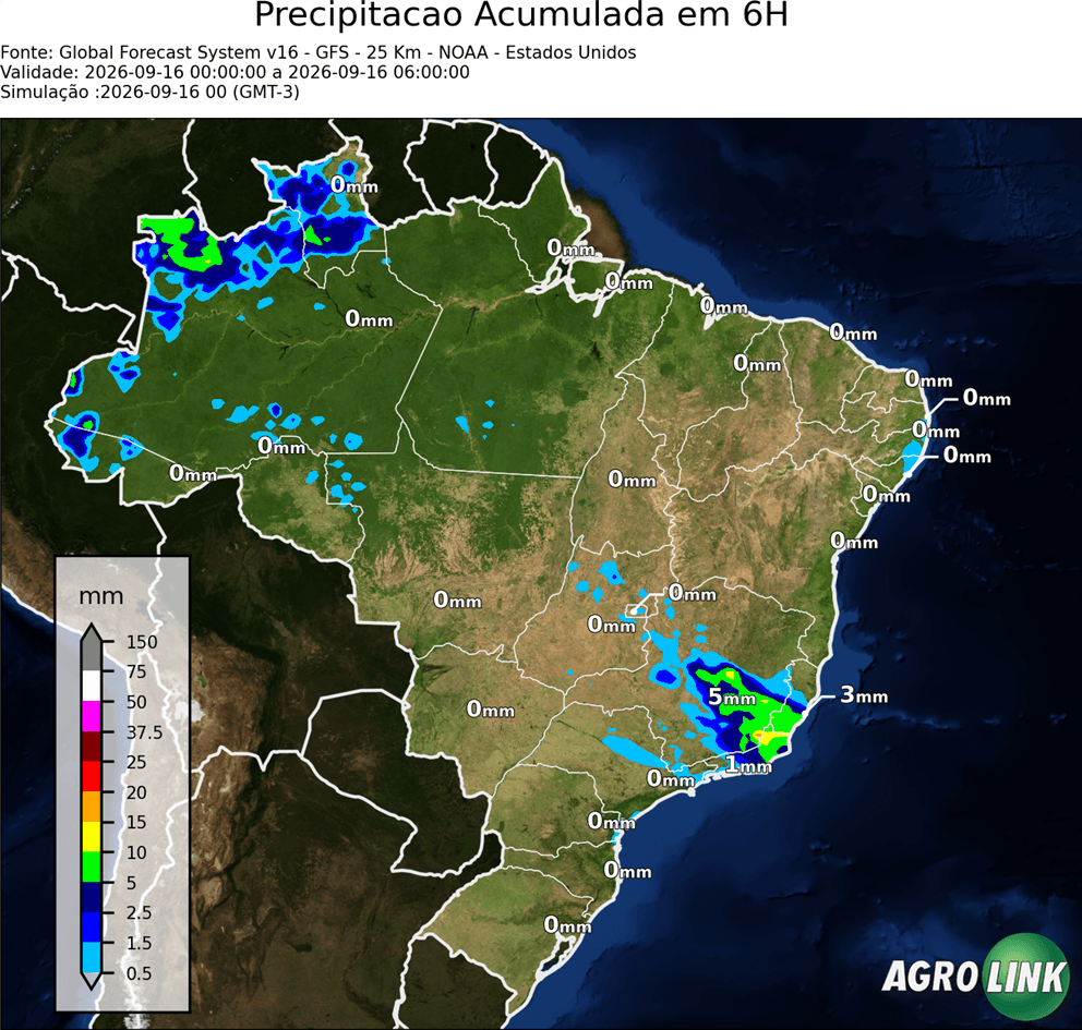 Mapa de chuva: Previsão Chuva Acumulada em 6 horas — GFS (Americano), 6 horas, rodada de 16/09/2026