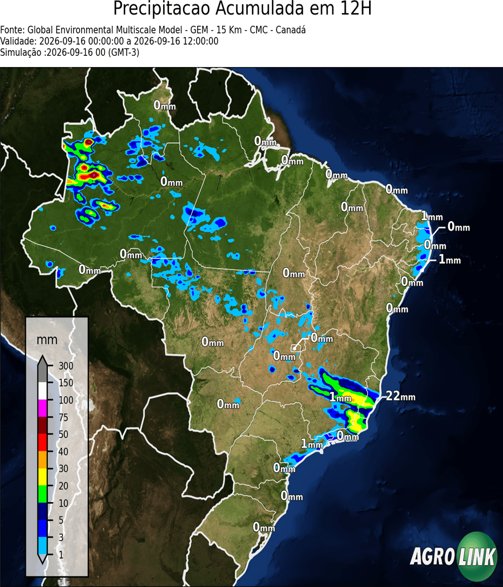 Mapa de chuva: Previsão Chuva Acumulada em 12 horas — GEM (Canadense), 12 horas, rodada de 16/09/2026