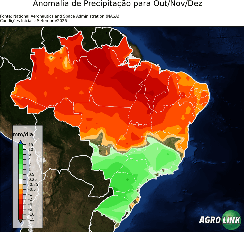 Mapa de chuva: Previsão para Anomalia de Precipitação Trimestral — NASA, Trimestral, rodada de 16/09/2026