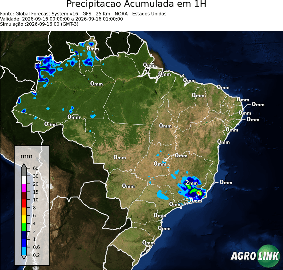 Mapa de chuva: Previsão Chuva Acumulada em 1 hora — GFS (Americano), 1 hora, rodada de 16/09/2026