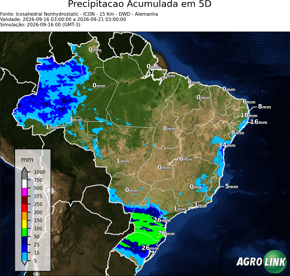 Mapa de chuva: Previsão Chuva Acumulada em 5 dias — ICON (Alemão), 5 dias, rodada de 16/09/2026