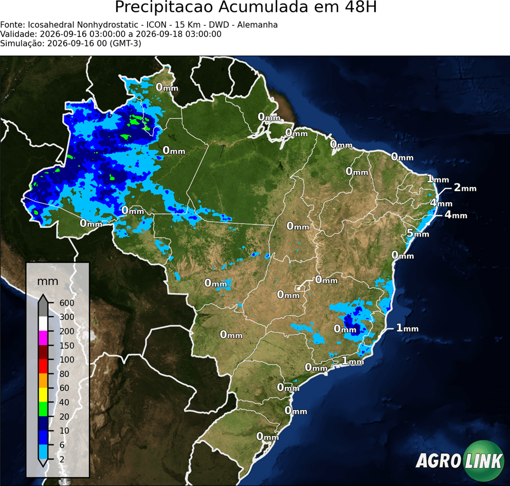 Mapa de chuva: Previsão Chuva Acumulada em 48 horas — ICON (Alemão), 48 horas, rodada de 16/09/2026
