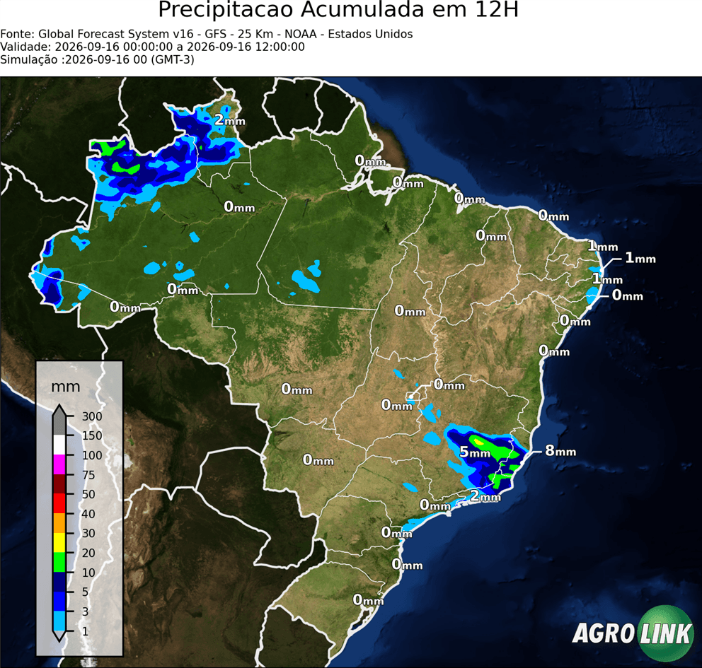 Mapa de chuva: Previsão Chuva Acumulada em 12 horas — GFS (Americano), 12 horas, rodada de 16/09/2026