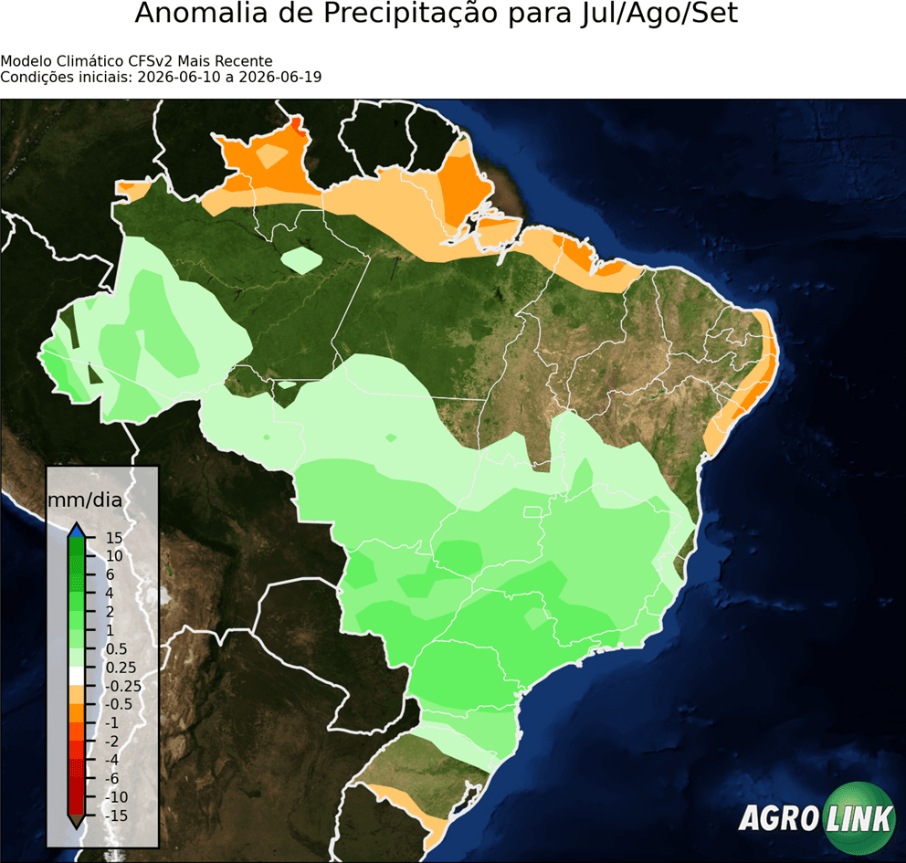 Mapa de chuva: Previsão para Anomalia de Precipitação Trimestral — CFSv2 (atualização diária), Trimestral, rodada de 16/09/2026