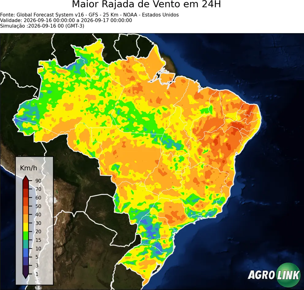 Mapa de vento: Previsão da Maior Velocidade do Vento em 24 horas — GFS (Americano), 24 horas, rodada de 16/09/2026