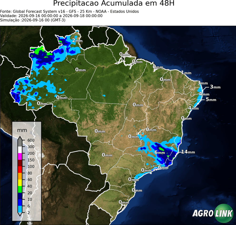 Mapa de chuva: Previsão Chuva Acumulada em 48 horas — GFS (Americano), 48 horas, rodada de 16/09/2026