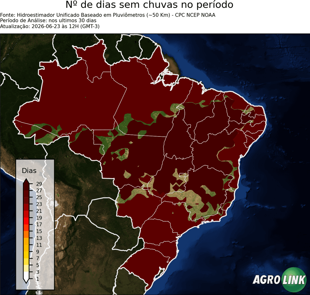 Mapa de chuva: Número de dias sem chuva — CPC, 30 dias, rodada de 16/09/2026