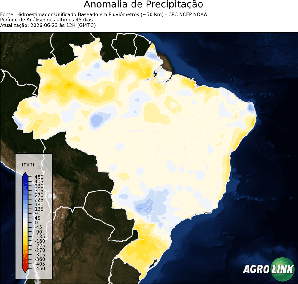 Mapa de chuva: Diferença do ocorrido da média — CPC, 45 dias, rodada de 16/09/2026