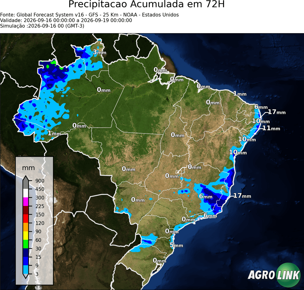 Mapa de chuva: Previsão Chuva Acumulada em 72 horas — GFS (Americano), 72 horas, rodada de 16/09/2026