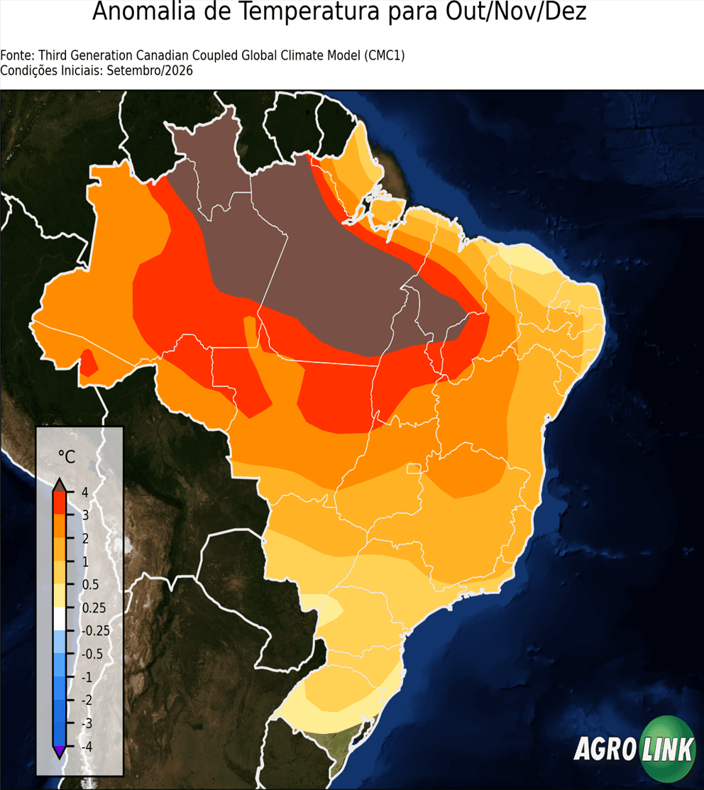 Mapa de temperatura: Previsão para Anomalia de Temperatura Trimestral — CMC1, Trimestral, rodada de 16/09/2026