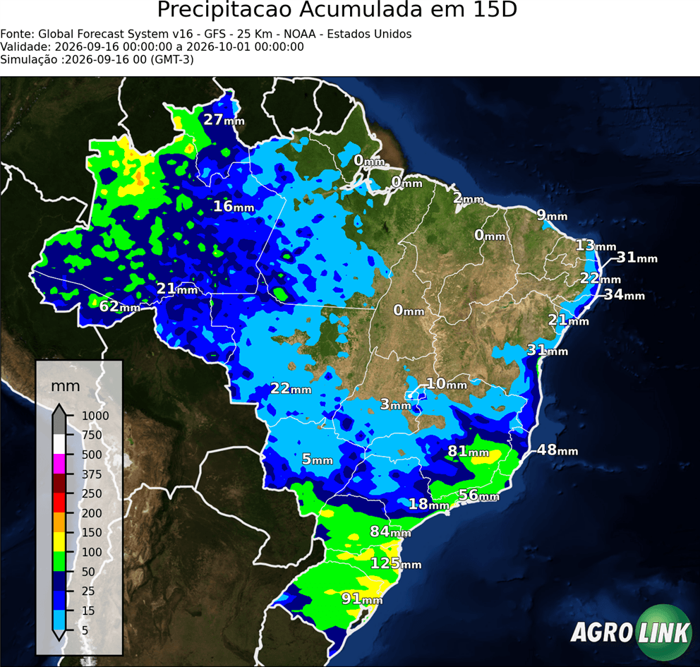 Mapa de chuva: Previsão Chuva Acumulada em 15 dias — GFS (Americano), 15 dias, rodada de 16/09/2026