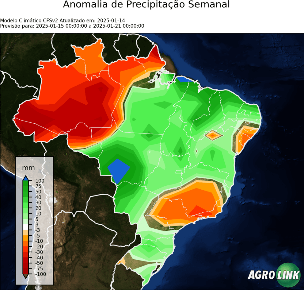 Mapa de chuva: Previsão para Anomalia de Precipitação Semanal — CFSv2, 7 dias, rodada de 16/09/2026