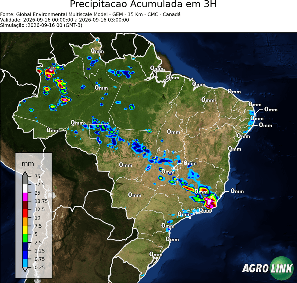 Mapa de chuva: Previsão Chuva Acumulada em 3 horas — GEM (Canadense), 3 horas, rodada de 16/09/2026