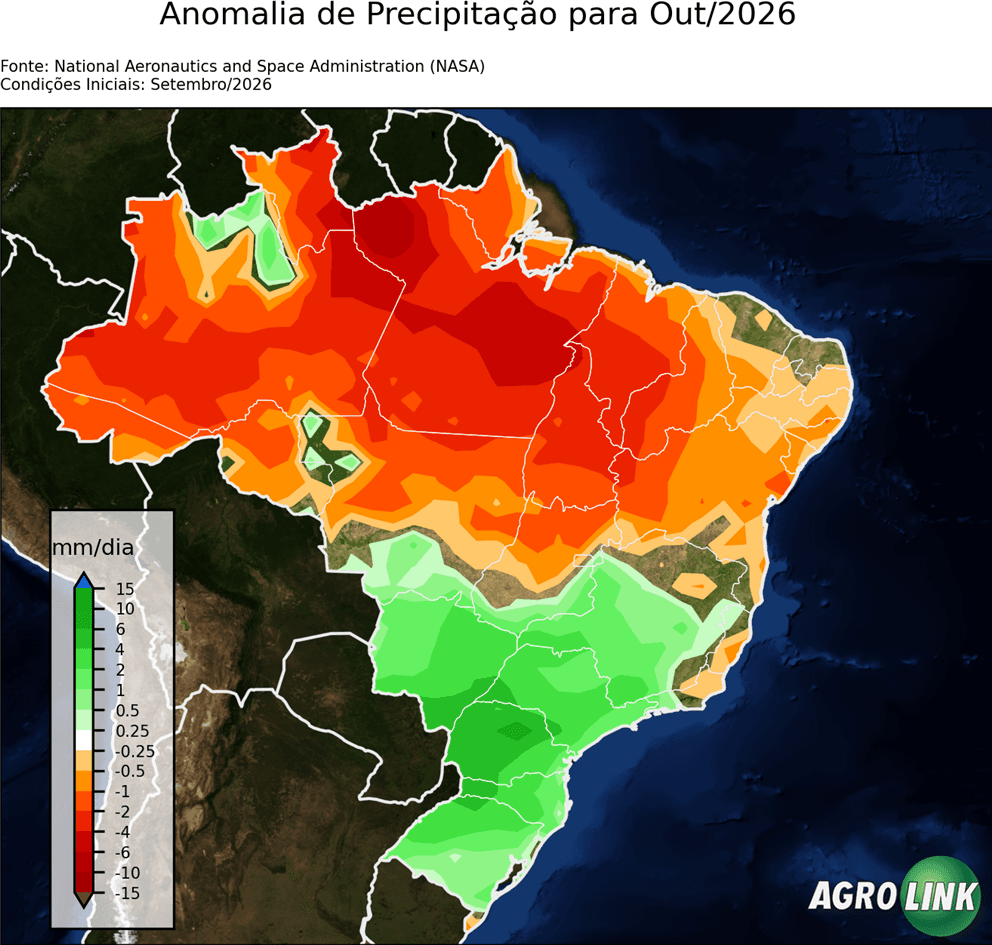 Mapa de chuva: Previsão para Anomalia de Precipitação Mensal — NASA, Mensal, rodada de 16/09/2026