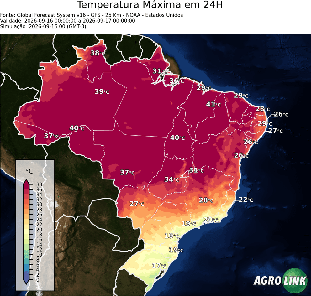 Mapa de temperatura: Previsão da Máxima Temperatura em 24 horas — GFS (Americano), 24 horas, rodada de 16/09/2026