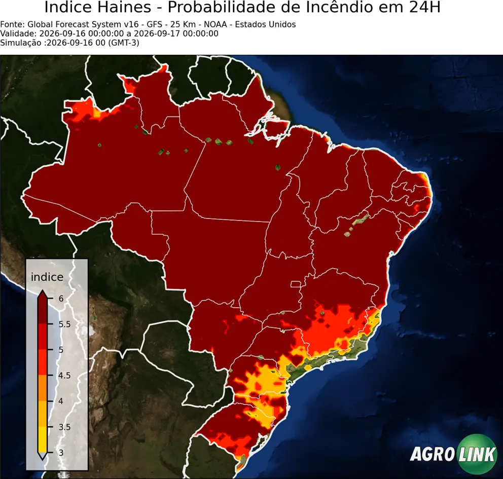 Mapa de incêndio: Risco de Incêndio em 24 horas — GFS (Americano), 24 horas, rodada de 16/09/2026