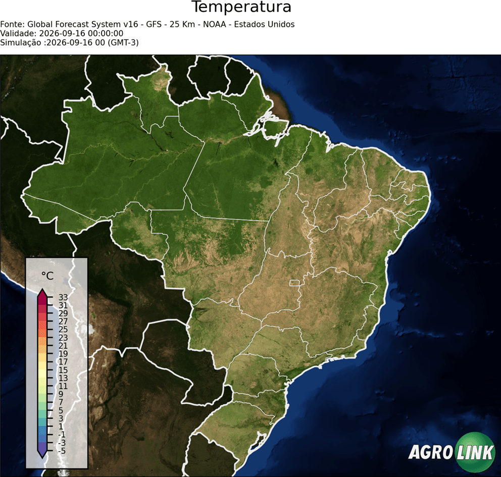 Mapa de temperatura: Previsão da Temperatura do ar no horário — GFS (Americano), Agora, rodada de 16/09/2026