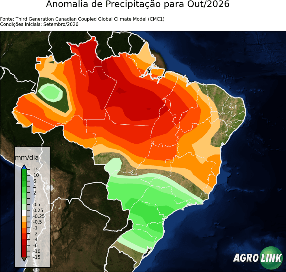 Mapa de chuva: Previsão para Anomalia de Precipitação Mensal — CMC1, Mensal, rodada de 16/09/2026