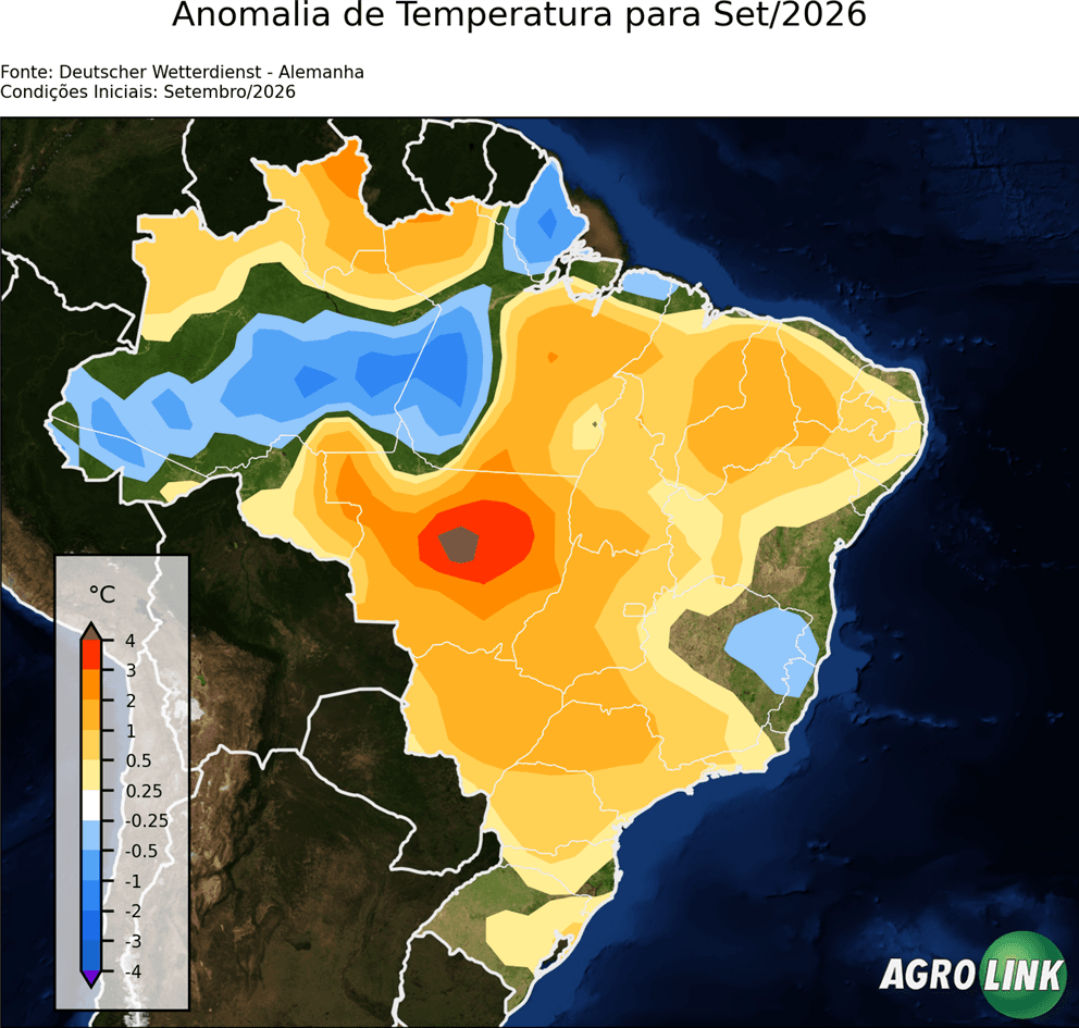 Mapa de temperatura: Previsão para Anomalia de Temperatura Mensal — DWD (Alemão), Mensal, rodada de 16/09/2026